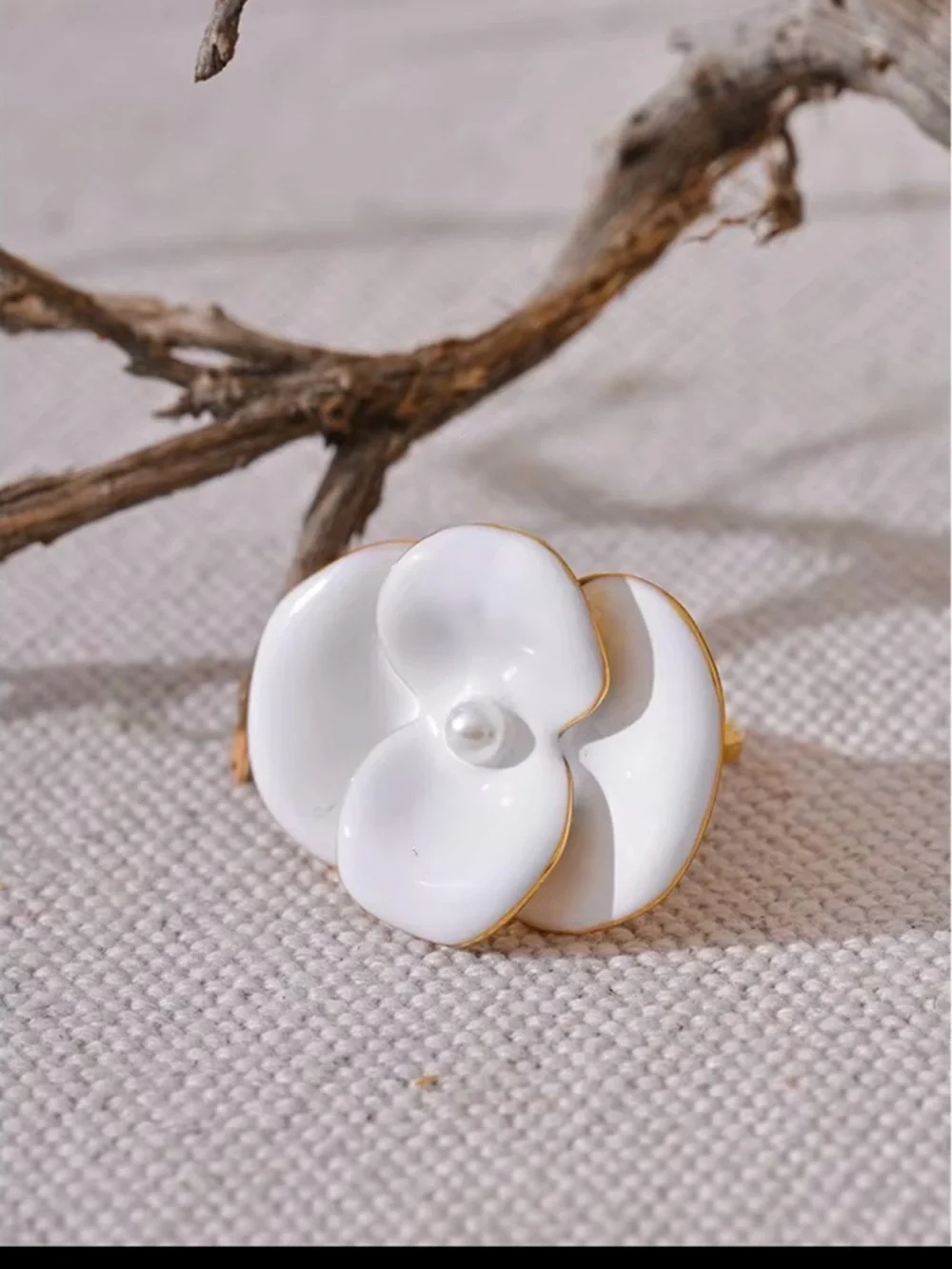 White Floral Pearl Ring with Gold Trim - Women Jewelry